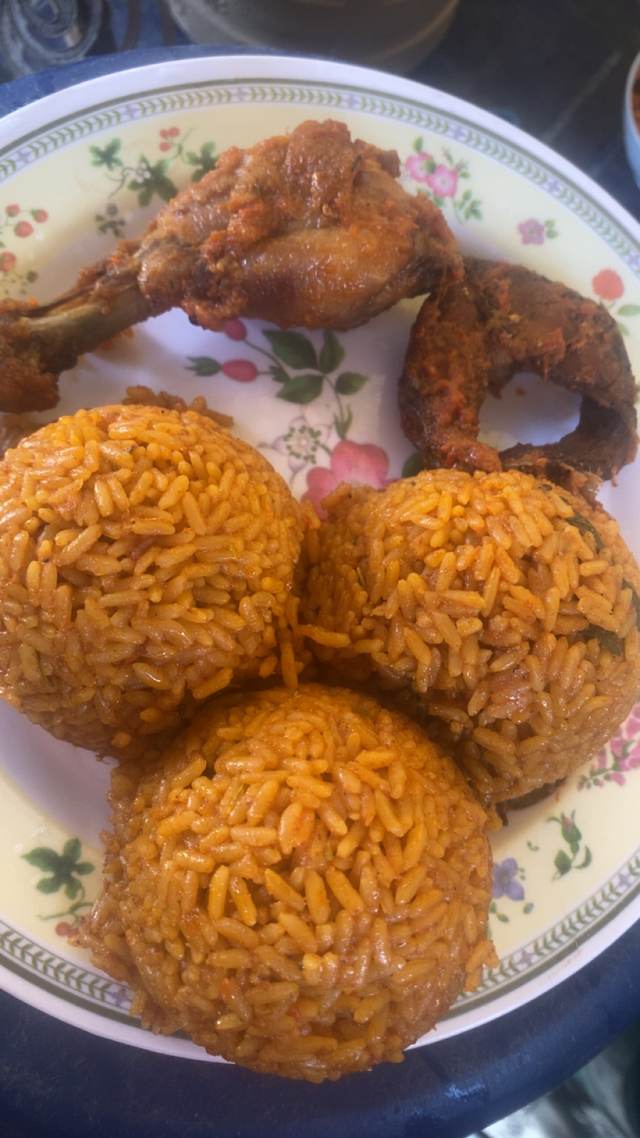 jollof rice and drumstick and fish