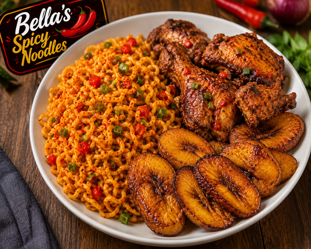 Spicy noodles with fried plantain and chicken laps