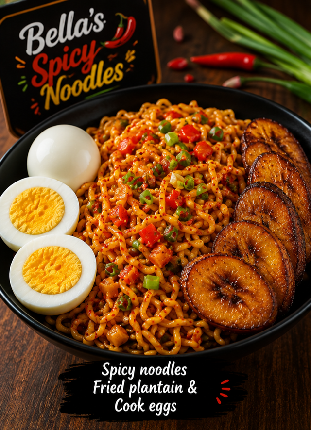 Spicy noodles with plantain and Cooked egg