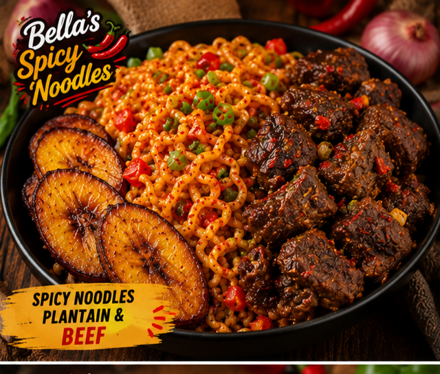 Spicy noodles+fried plantain and beef