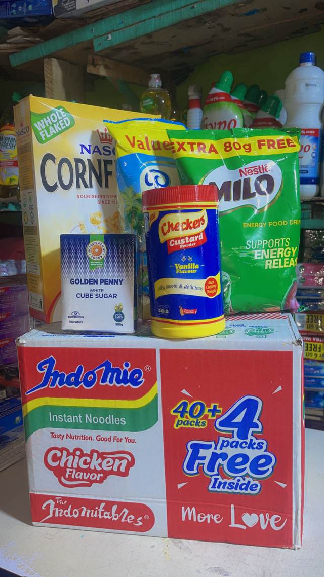 Indomie,cornflakes,peak milk,Milo,cube sugar,custard