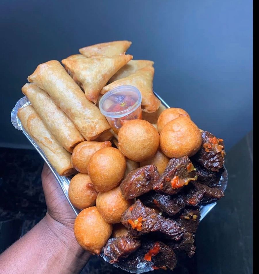 Samosa, Springroll, puffpuff & Fried Meat with sauce