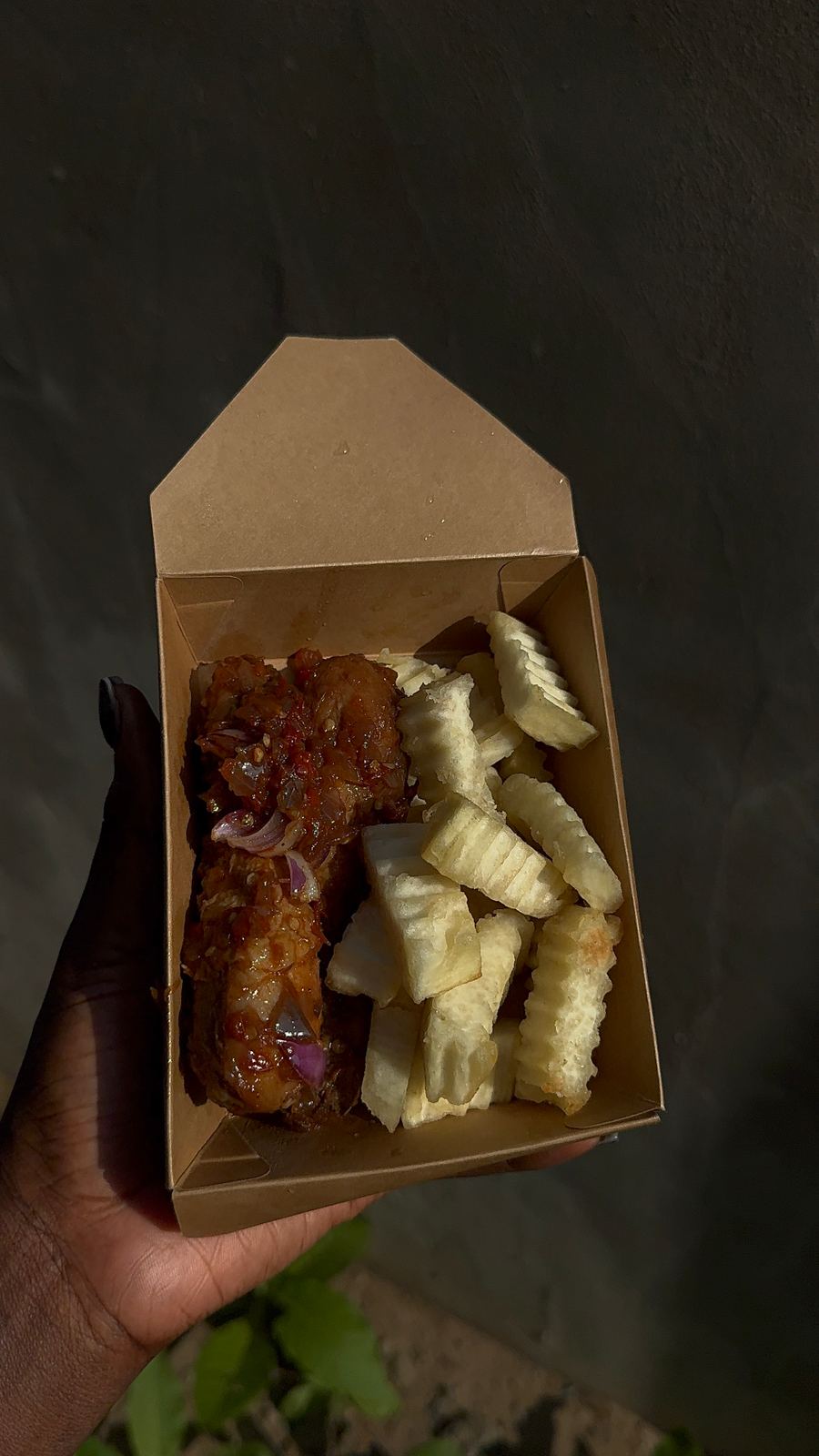 Peppered drumstick & yam fries/sauce