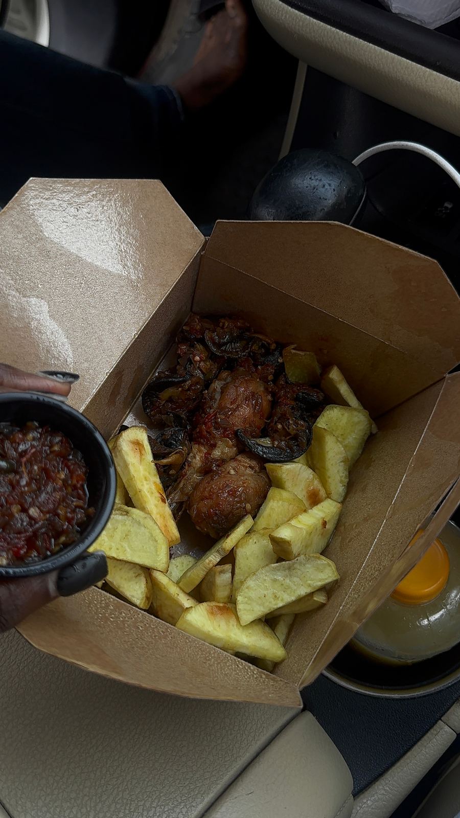 Sweet potato fries,peppered snail,drumsticks & fruit juice