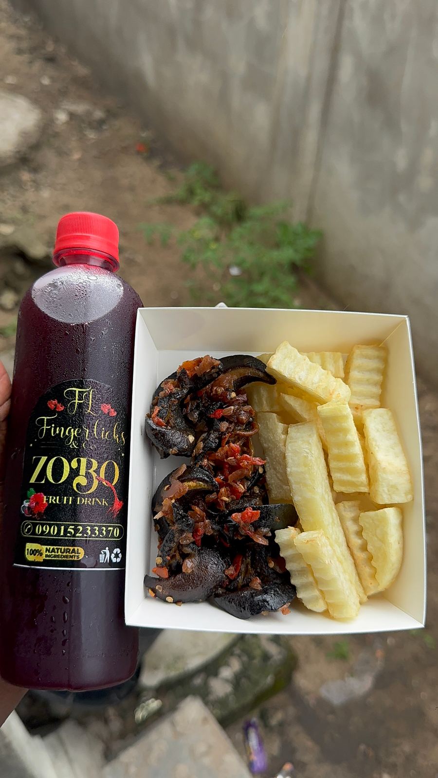 YamFries,peppered snail & fruity zobo
