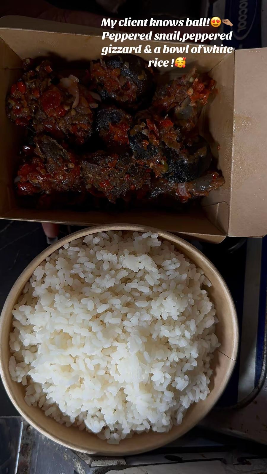Peppered snail,peppered gizzard & a bowl of white rice