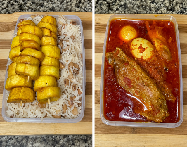 2 litter Basmati steam rice and Beans plus plantain And 1.5 litter Turkey sauce
