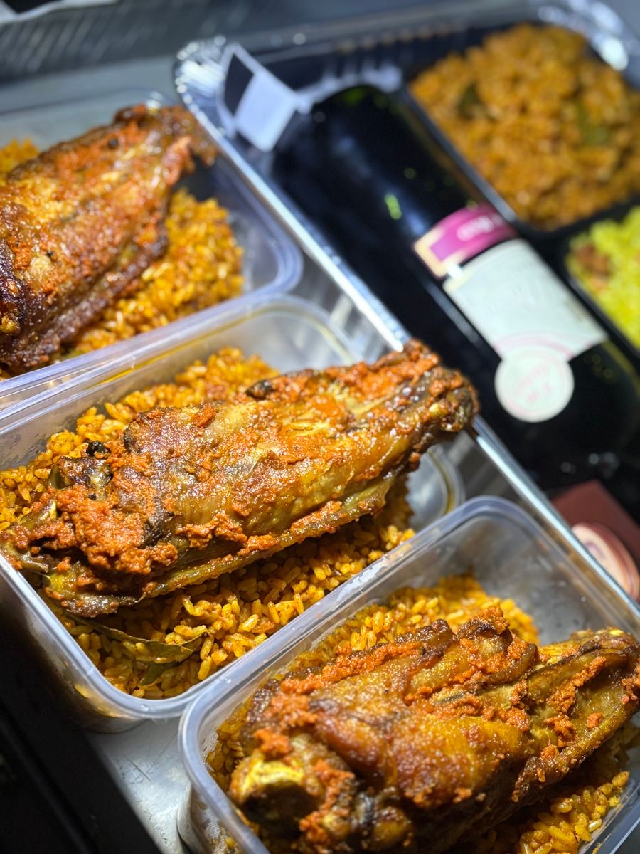 Jollof rice and peppered turkey